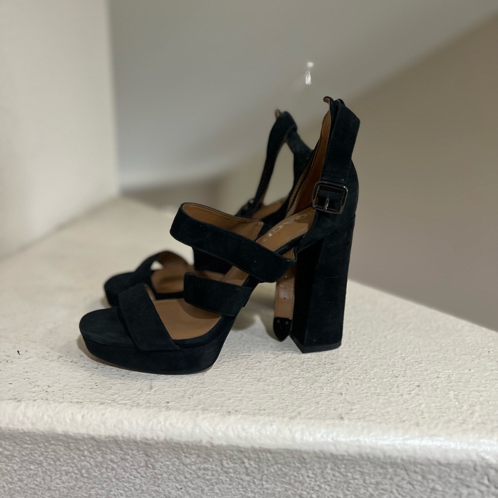 COACH MARINA OPEN TOE STRAPPY PLATFORM SUEDE Black‎ SANDALS HEELED SHOES  SZ 9B